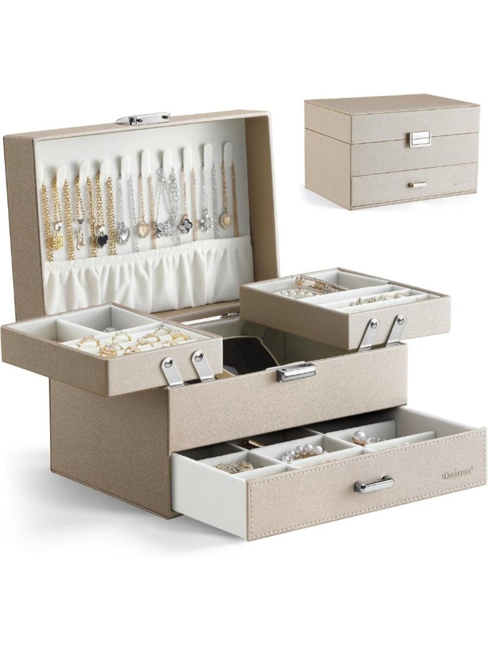 Large Jewelry Organizer Box for Women, 3-Layer Storage Case with Drawer, Modern